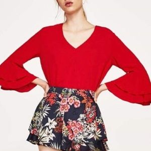Red V-Neck Flare Bell Sleeved Top